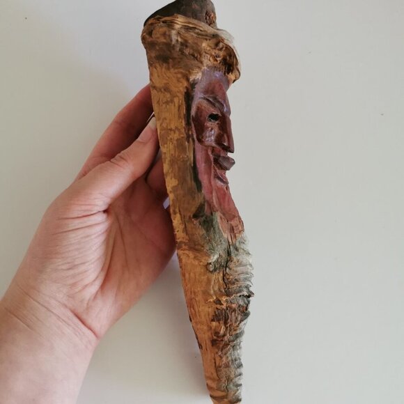 Handcarved Wood Tree Spirit Old Man Wizard Wooden Signed Carving Statue 10" - Picture 6 of 9
